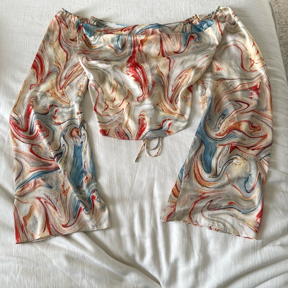 Colorful off the shoulder silky long sleeve top